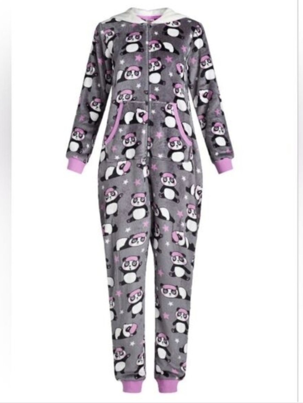 Cozy Penguin Print Hooded Onesie - Gray & Pink